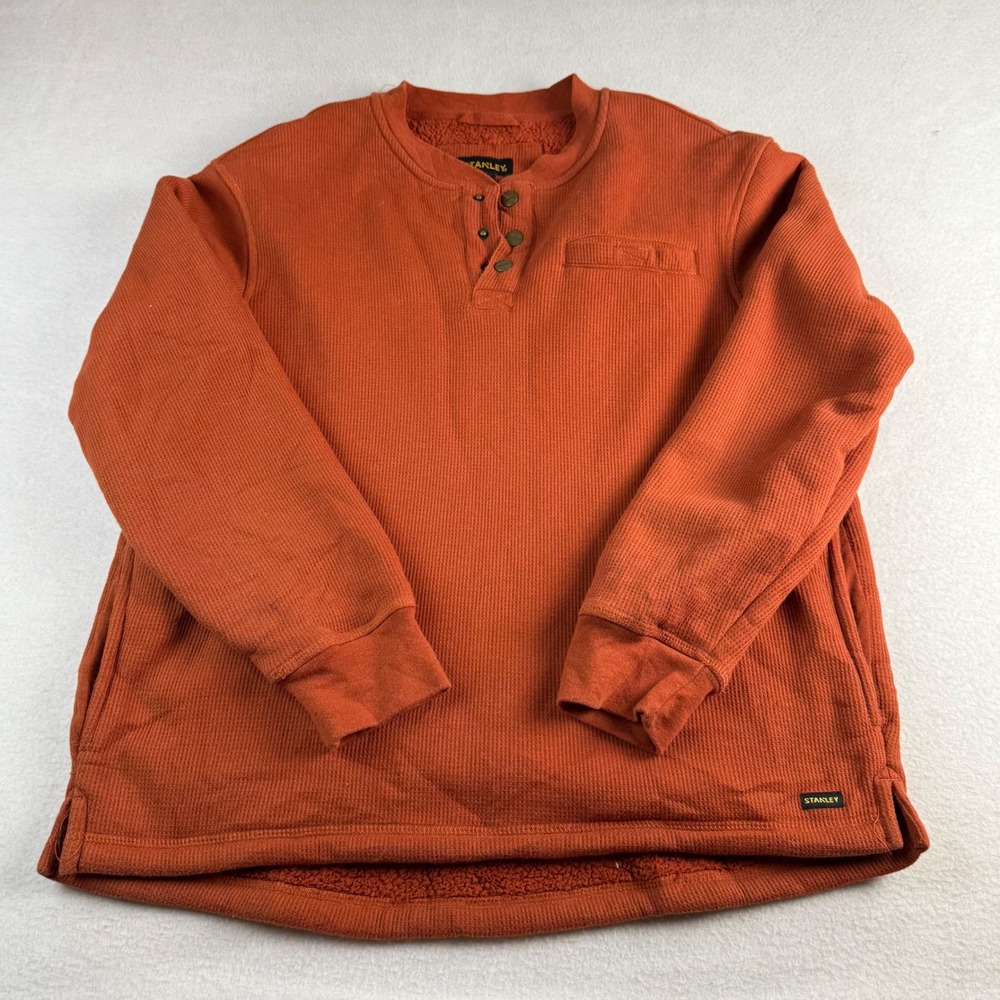 Stanley Mens Waffle Knit Sherpa Lined Henley Sweatshirt Burnt Orange Rust Medium